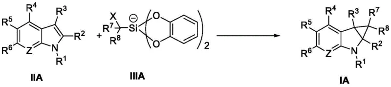 Specific reaction scheme detailing the conversion of substituted indole IIA and silicon reagent IIIA to product IA