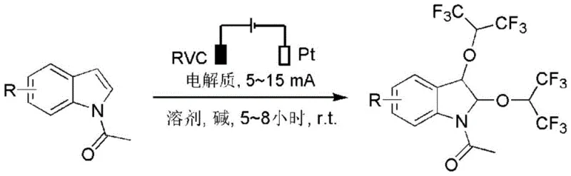General reaction scheme for electrochemical synthesis of hexafluoroisopropoxyindole compounds