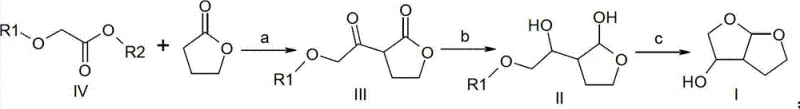 General synthetic route showing substitution, reduction, and cyclization steps from formula IV to I