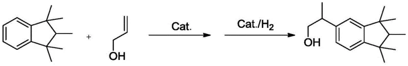 Reaction scheme showing the coupling of 1,1,2,3,3-pentamethylindan with allyl alcohol followed by hydrogenation to form hexamethylindanol