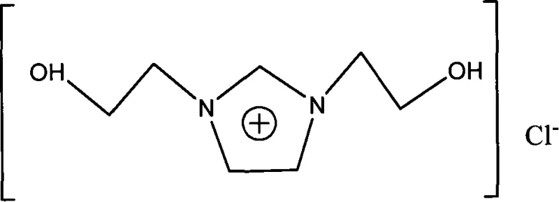 Chemical structure of 1,3-bis(2-hydroxyethyl)imidazolium chloride showing symmetric hydroxyethyl functional groups