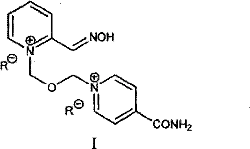 General chemical formula I of HI-6 showing the bispyridinium oxime structure with variable counterions R