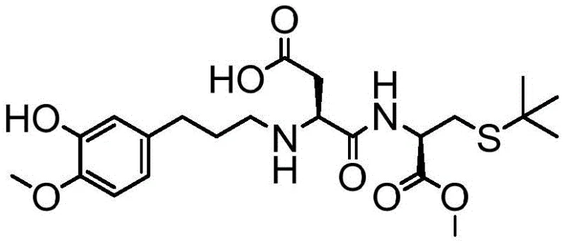 Chemical structure of N-{N-[3-(3-hydroxy-4-methoxyphenyl)propyl]-L-α-aspartyl}-S-tert-butyl-L-cysteine-1-methyl ester showing the dipeptide backbone and aromatic side chain