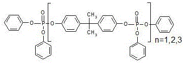 Chemical structure of Bisphenol A-bis(diphenyl phosphate) showing the oligomeric phosphate backbone