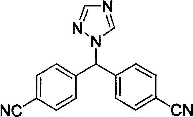 Chemical structure of Letrozole showing the bis-phenylacetonitrile core with a central triazole ring