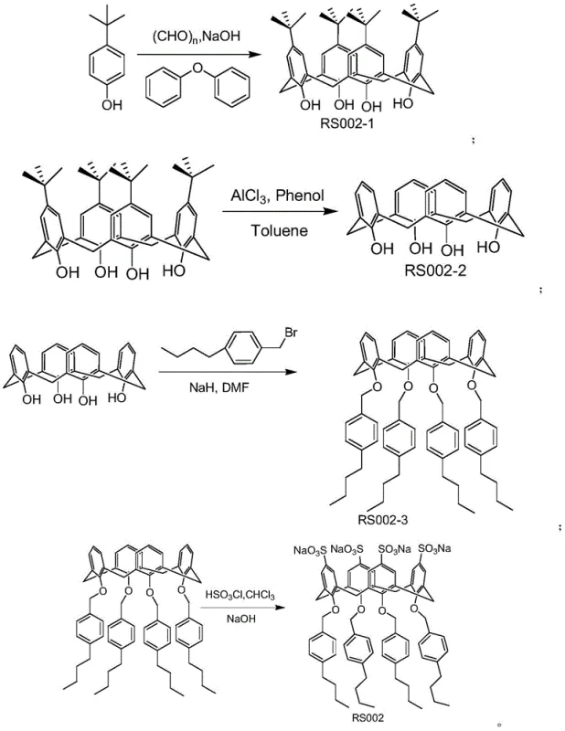 Synthesis route of calixarene RS002 involving condensation and sulfonation steps