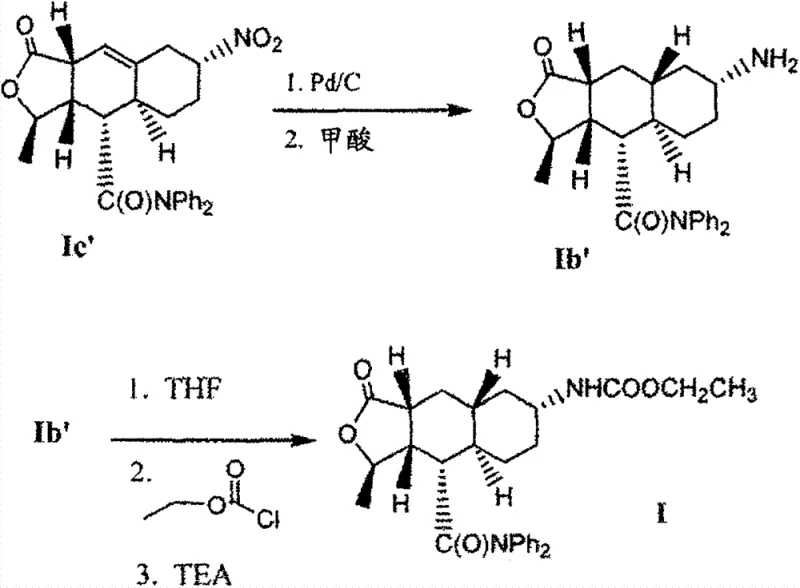 Detailed reaction scheme for Example 1 showing hydrogenation and carbamoylation steps
