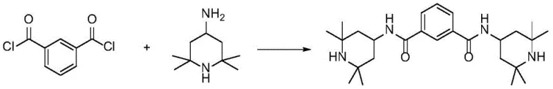 Conventional synthesis route using m-diformyl chloride showing acid-binding agent requirement and wastewater generation
