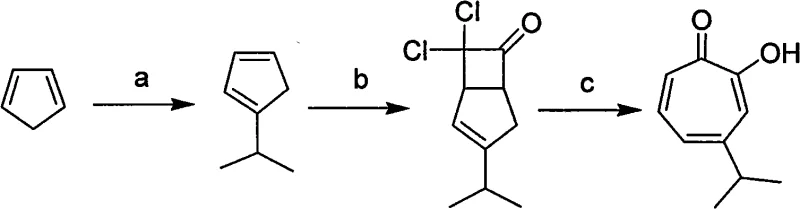 Synthetic route of Hinokitiol showing cyclopentadiene alkylation, ketene adduct formation, and toluene-mediated ring expansion