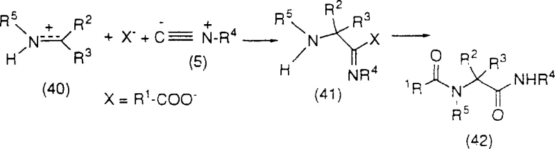 General mechanism of the Ugi four-component condensation reaction showing iminium ion formation and rearrangement