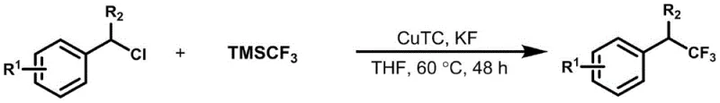Prior art reaction scheme showing limitations of traditional trifluoromethylation methods