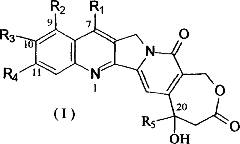 General Formula I of Homocamptothecin showing the stable seven-membered lactone ring and substitution sites