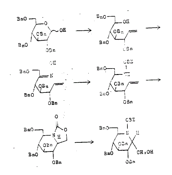 Synthetic reaction scheme showing the conversion of protected glucopyranose to the target homonojirimycin derivative