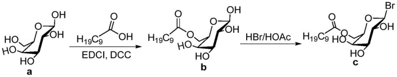 Synthesis mechanism of the bromosugar intermediate used for glycosylation showing esterification and bromination steps