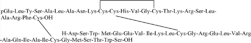 Chemical structure of Human Relaxin-2 showing A and B chains connected by disulfide bonds