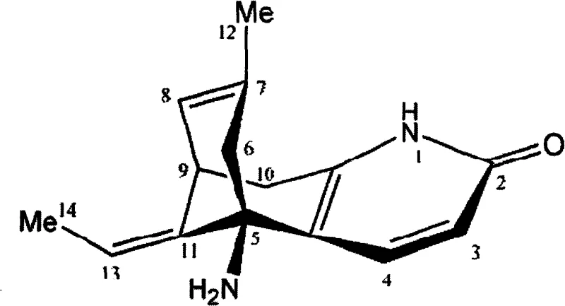Chemical structure of Huperzine A showing the bridged ring system and stereocenters