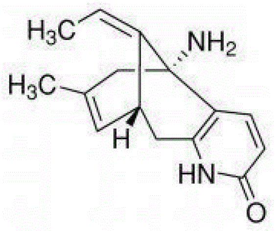 Chemical structure of (-)-Huperzine A showing the specific stereochemistry required for biological activity