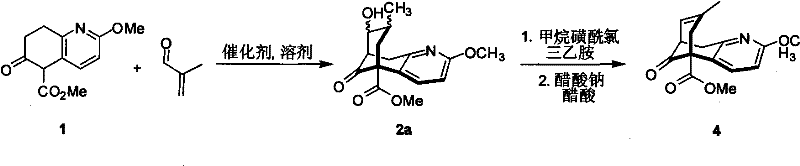 Reaction scheme showing the organocatalytic Michael/Aldol tandem reaction converting compound 1 to intermediate 2a/2b and subsequently to product 4