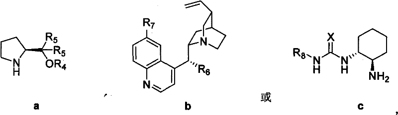 Structures of chiral organocatalysts including prolinol, cinchona, and thiourea derivatives used in the synthesis