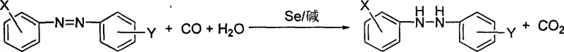 General reaction scheme showing the selenium-catalyzed reduction of aromatic azo compounds to hydrazo compounds using CO and H2O