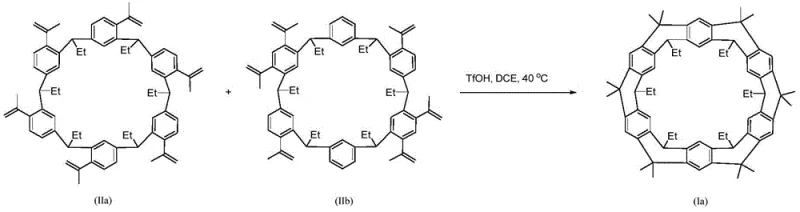 Reaction scheme showing acid-catalyzed cyclization of alkenylated calixarene to Hydrogenated Cyclo[12]arene