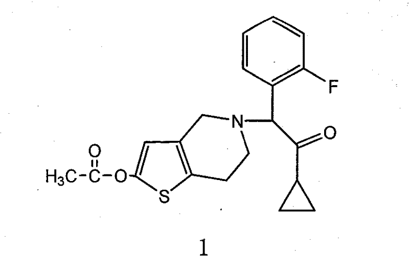 Chemical structure of 2-acetoxy-5-(alpha-cyclopropyl carbonyl-2-fluorobenzyl)-4,5,6,7-tetrahydrothieno[3,2-c]pyridine