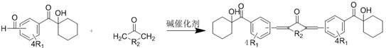 General reaction scheme showing the condensation of aldehyde-functionalized hydroxycyclohexylacetophenone with ketones to form extended conjugation photoinitiators