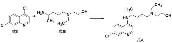 Reaction scheme showing the condensation of 4,7-dichloroquinoline and the amine side chain to form Hydroxychloroquine