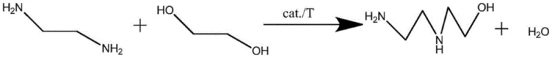 Reaction scheme showing ethylenediamine and ethylene glycol condensing to form hydroxyethyl ethylenediamine and water