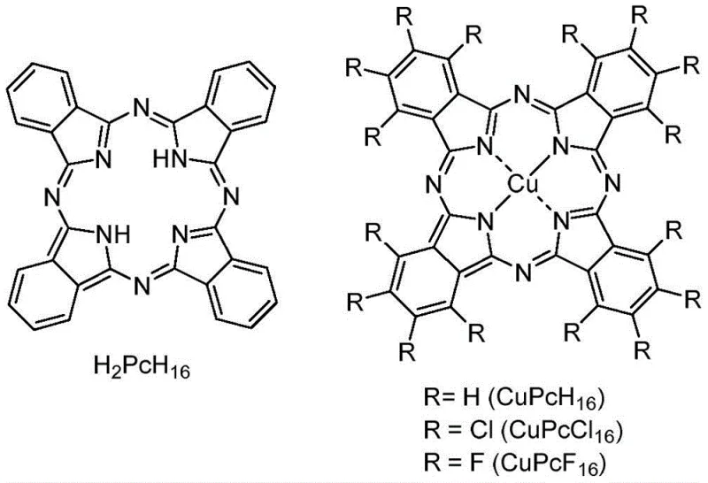 Chemical structures of copper phthalocyanine catalysts including H2PcH16, CuPcH16, CuPcCl16, and CuPcF16