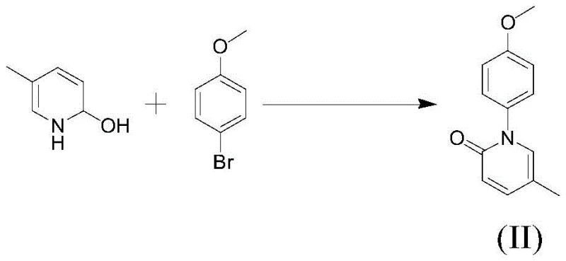 Reaction scheme showing the copper-catalyzed coupling of 2-hydroxy-5-methylpyridine and p-bromoanisole to form intermediate Formula II