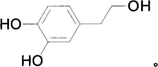 Synthetic route diagram showing the conversion of 3,4-dihydroxybenzaldehyde to hydroxytyrosol via benzyl protection, condensation, reduction, and hydrogenation steps