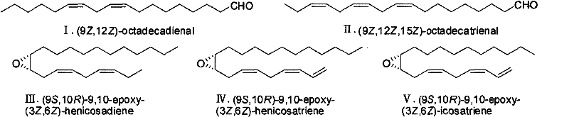 Chemical structures of Hyphantria cunea sex pheromone components I through V showing epoxy and alkenal functionalities