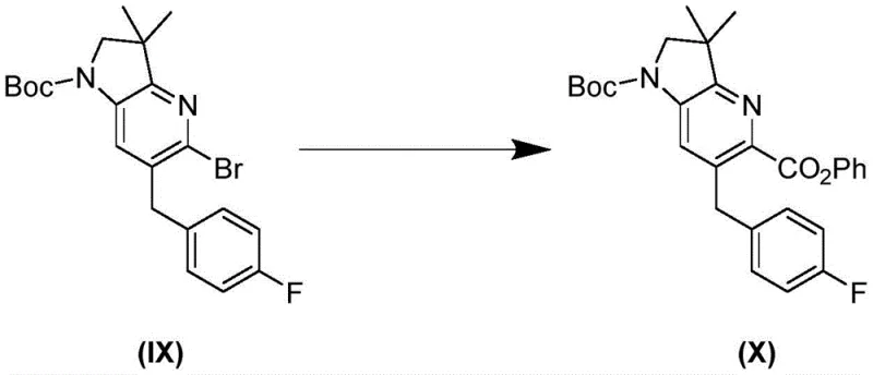 Palladium catalyzed carbonylation reaction converting intermediate Formula IX to ester Formula X
