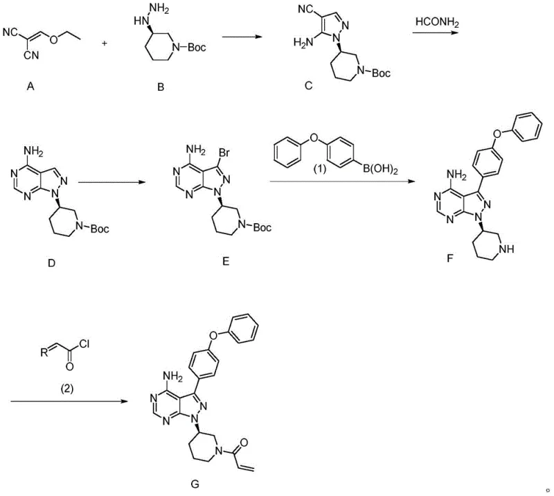 Overall synthetic route from Compound A to Ibrutinib (G) highlighting the novel condensation and Suzuki steps