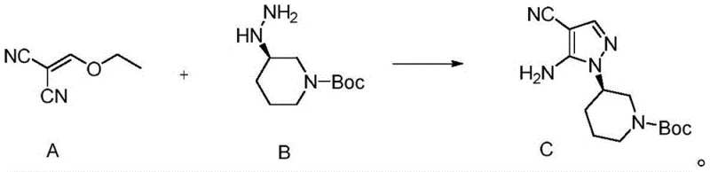 Reaction mechanism for the formation of Intermediate C via condensation of A and B
