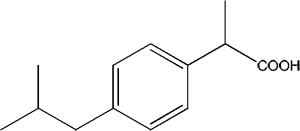 Chemical structure of Ibuprofen showing the 2-(4-isobutylphenyl)propionic acid backbone