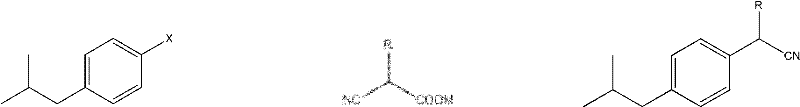 General reaction scheme showing coupling of halo-isobutylbenzene with cyanoacetate derivatives