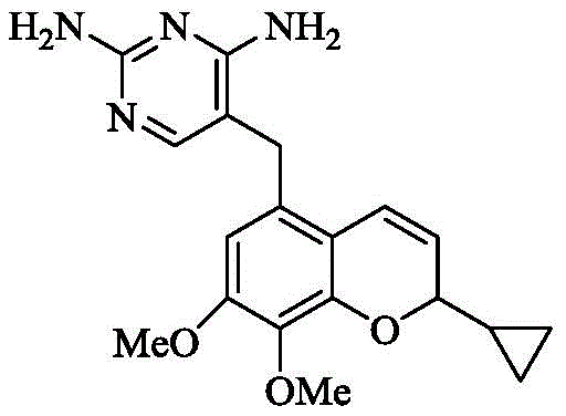 Chemical structure of Iclaprim showing the benzopyran and pyrimidine moieties