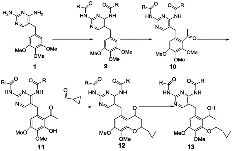 Prior art synthesis route showing multiple steps and low yield