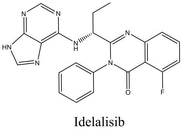 Chemical structure of Idelalisib showing the quinazolinone and purine moieties