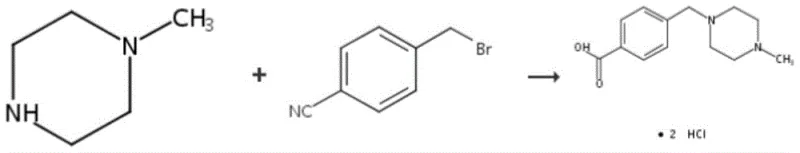 Prior art reaction scheme showing the condensation of N-methylpiperazine with p-cyanobenzyl bromide and subsequent hydrolysis
