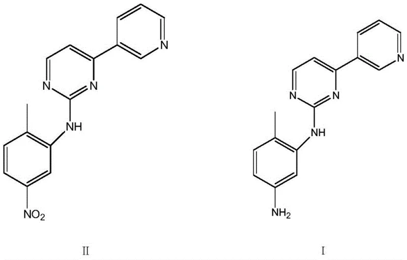 Chemical structures comparing the nitro precursor (Formula II) and the amino product Imatamine (Formula I)