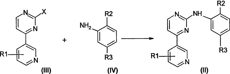 General reaction scheme showing condensation of 4-heteroaryl-2-halopyrimidine and substituted aniline to form N-phenyl-2-pyrimidinamine derivatives