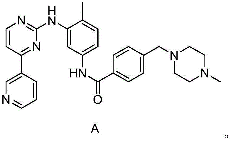 Chemical structure of Imatinib (Compound A): 4-[(4-methyl-1-piperazinyl)methyl]-N-[4-methyl-3-[[4-(3-pyridinyl)-2-pyrimidinyl]amino]phenyl]-benzamide