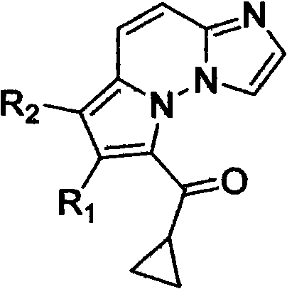 General chemical structure of imidazo[1,2-b]pyrrolo[1,2-f]pyridazine derivatives showing variable substituents R1 and R2