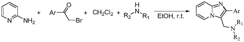 General reaction scheme for the four-component one-pot synthesis of 3-aliphatic aminomethyl imidazo[1,2-a]pyridine compounds