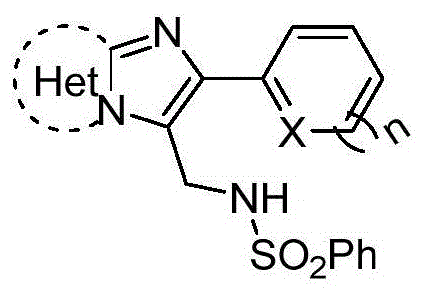 General structural formula of N-((2-heteroarylimidazo-heteroaryl-3-yl)methyl)benzenesulfonamide compounds showing variable heteroatoms and substituents