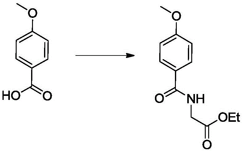 Step 1 reaction scheme showing amidation of p-methoxybenzoic acid with ethyl aminoacetate