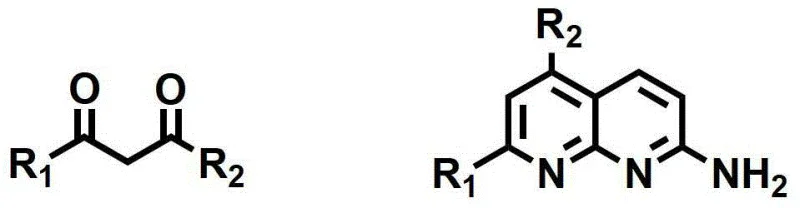 General reaction scheme showing the phosphoric acid catalyzed cyclization of 2,6-diaminopyridine with diketones to form the naphthyridine core